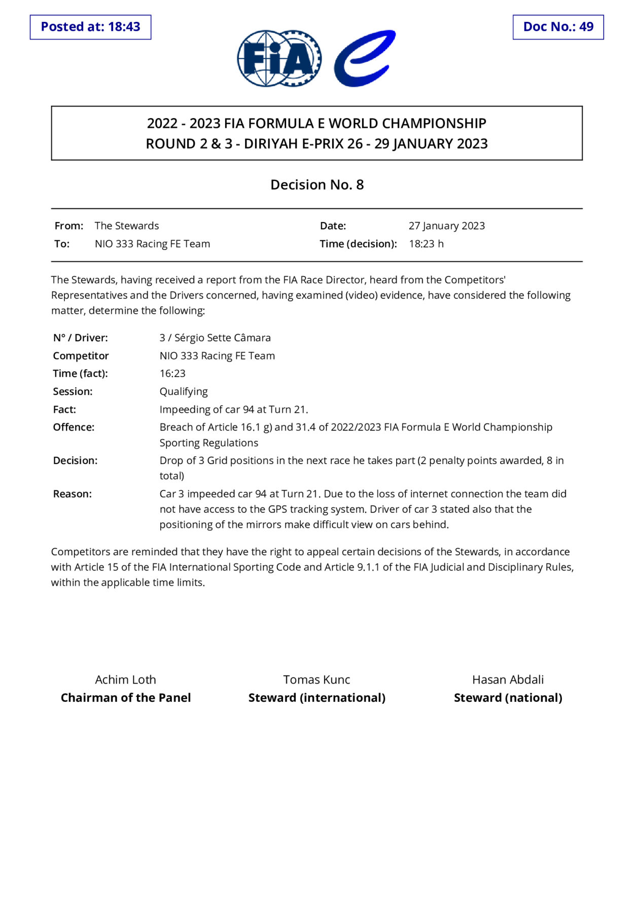 Formula E | Diriyah ePrix #1 2023: 3 posizioni di penalità per Sergio Sette Camara