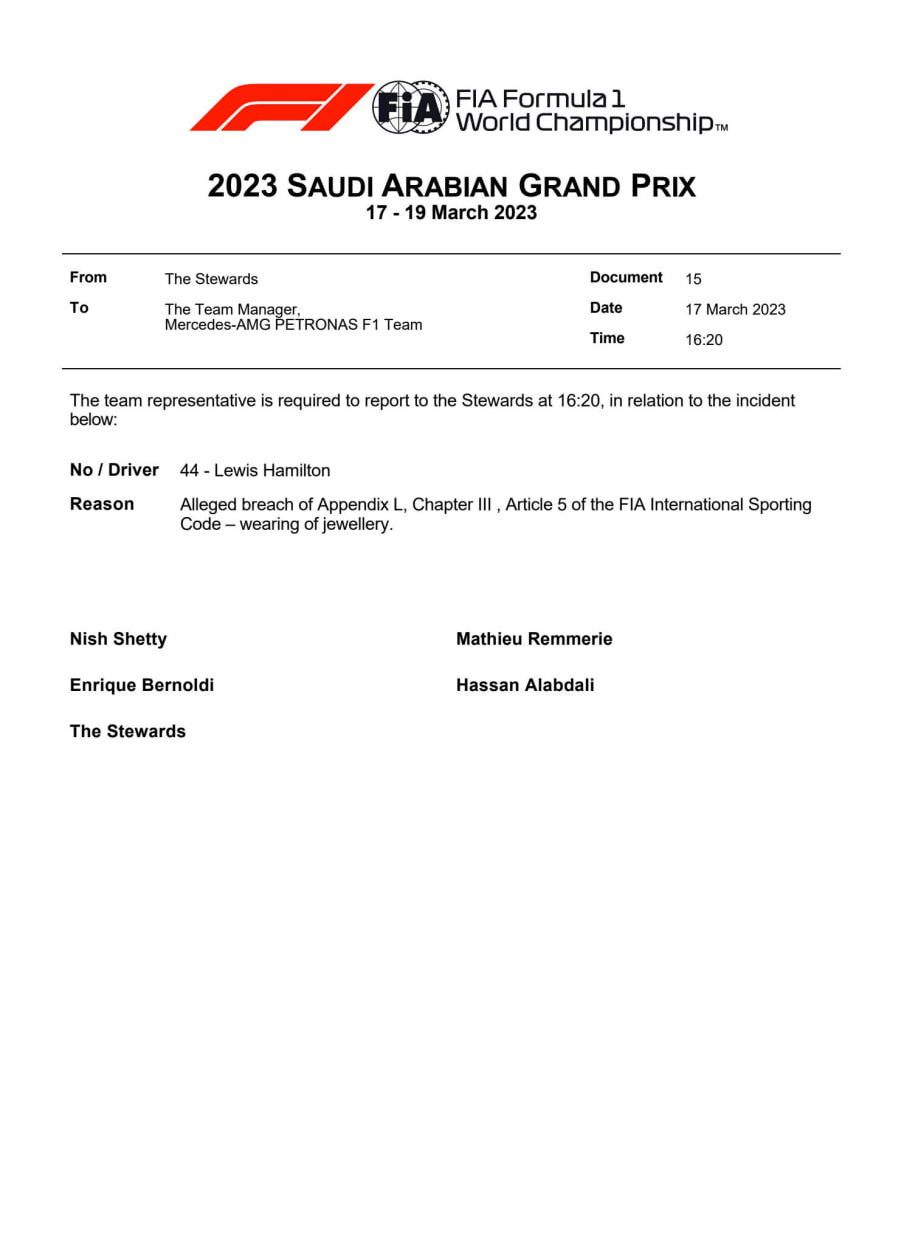 F1 | GP Arabia Saudita 2023: continua la diatriba FIA / Hamilton sui piercing