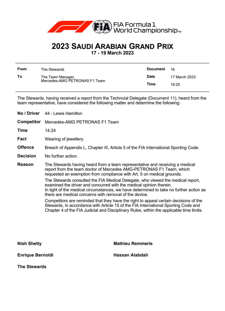 F1 | GP Arabia Saudita 2023: continua la diatriba FIA / Hamilton sui piercing