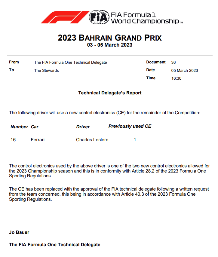 F1 | GP Bahrain 2023: sostituita anche la centralina elettronica sulla Ferrari di Charles Leclerc