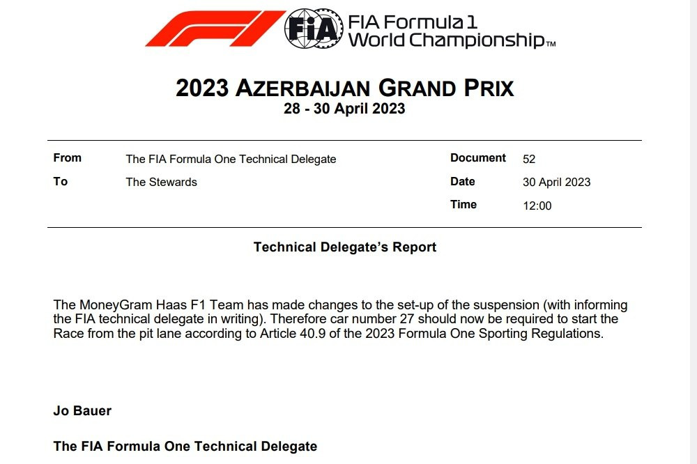 F1 | GP Azerbaijan 2023, Nico Hulkenberg partirà dalla Pitlane